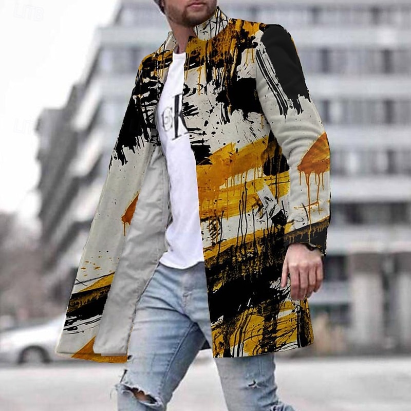 Men's Oil Painting Winter Coat Overcoat Coat With Pockets Casual Vacation Daily Wear Going out Print Front Pocket Fall & Winter Turndown Long Sleeve khaki