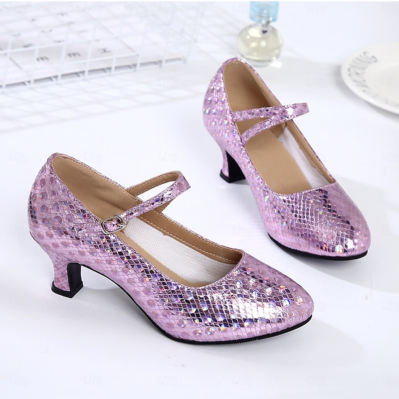 Women's Gold Glitter Ballroom Dance Shoes with Mary Jane Strap, Closed-Toe Heels for Latin and Salsa Dancing3