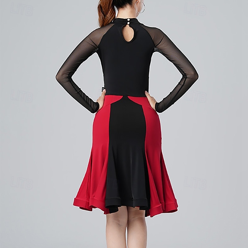 Latin Dance Dress Pure Color Splicing Tulle Women's Performance Training Long Sleeve High Polyester4
