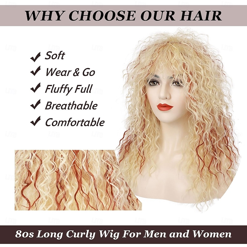 80s Rocker Wig for Men and Women Mullet Wig Long Curly Heavy Metal Funny Wig for Singer Costume Cosplay Carnival 70s Retro Party Hippies Karaoke Halloween Wigs3