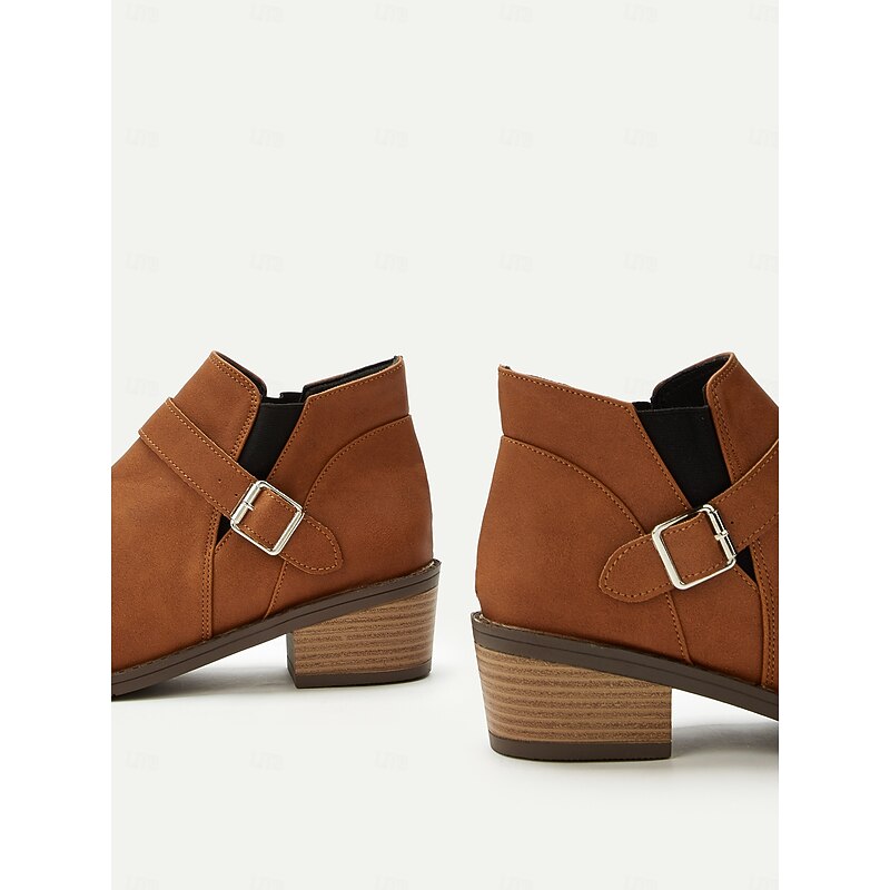 Women's Brown Faux Leather Ankle Boots with Buckle Detail in Western Style for Casual and Everyday Wear4