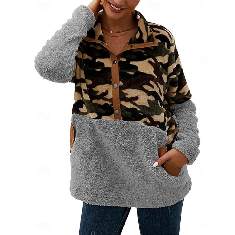 Women's Sweatshirt Casual Camouflage Street Dailywear V Neck Patchwork Buttons Pocket Long Sleeve Beige Gray Fall Winter4