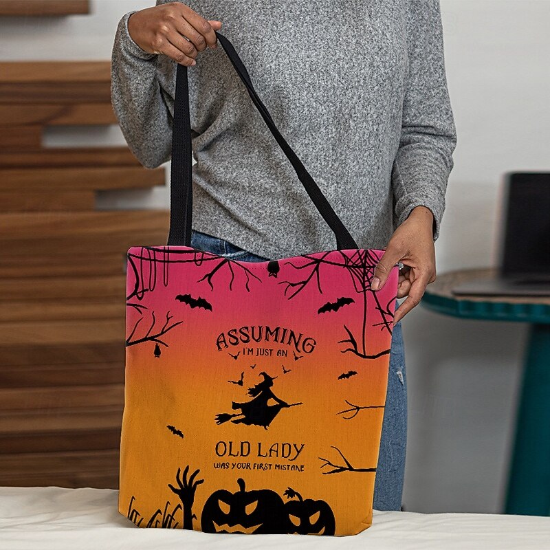 Women's Halloween-Themed Tote Bag with Witch and Full Moon Design - Perfect for Halloween and Everyday Use3