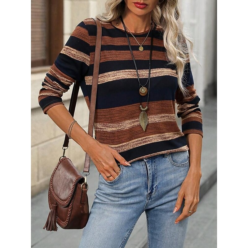 Women's T shirt Crew Neck Long Sleeve Tunic Casual Print Regular Tops Daily Brown Spring Fall2