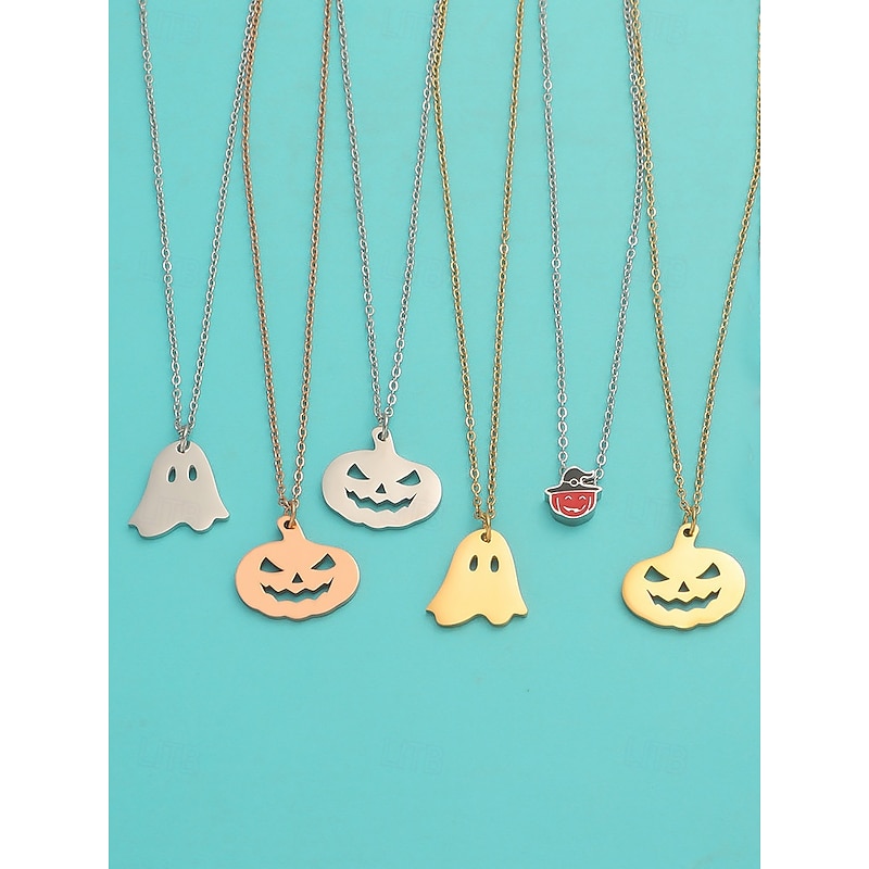 Halloween-Themed Stainless Steel Pendant Necklaces for Women, Featuring Pumpkin and Ghost Charms, Perfect for Costume Parties and Festive Occasions