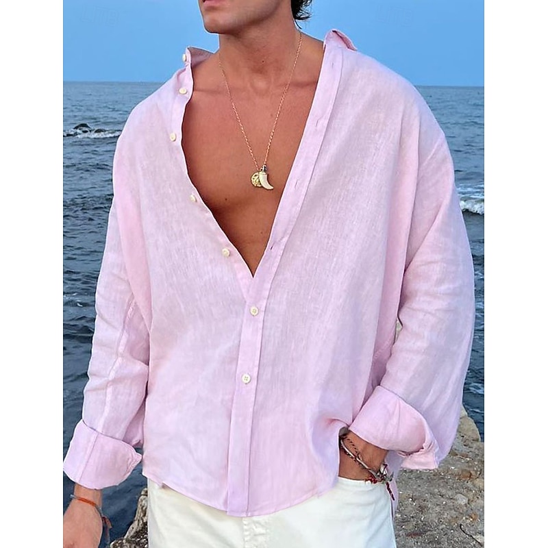 Men's Shirt Linen Shirt Summer Shirt Beach Wear Button Up Shirt Plain Vacation Casual Black White Pink Blue Long Sleeve Lapel Spring & Summer Clothing Apparel