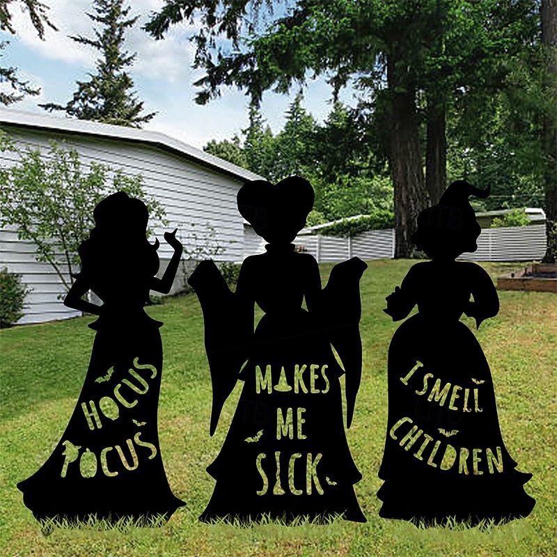 Hocus Pocus Halloween Decorations Outdoor 3 Metal Black Hocus Pocus Witches Halloween Silhouette Yard Signs Outside Yard Lawn Decor for Kids Home Party
