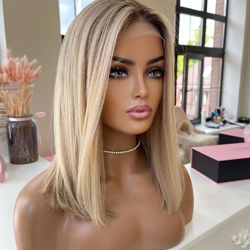 Remy Human Hair 13x4 Lace Front Wig Short Bob Middle Part Brazilian Hair Silky Straight Blonde Wig 130% 150% Density Color Gradient Glueless For Women Short Human Hair Lace Wig4