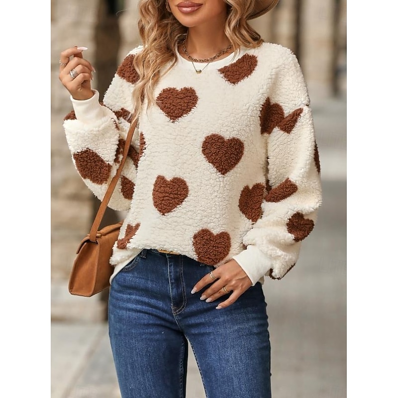Women's Sweatshirt Elegant Fashion Comfrt Fleece Heart Work Dailywear Casual Crew Neck Patchwork Long Sleeve Khaki Fall Winter2