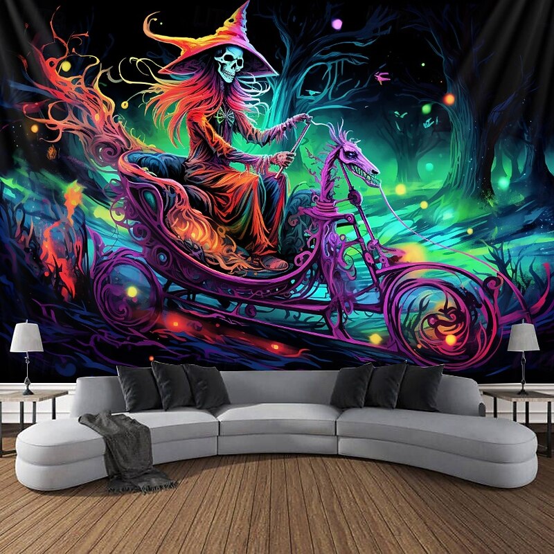 Halloween Blacklight Tapestry Skull Car UV Reactive Glow in the Dark Glow Party Psychedelic Trippy Misty Hanging Tapestry Wall Art Mural for Living Room Bedroom2