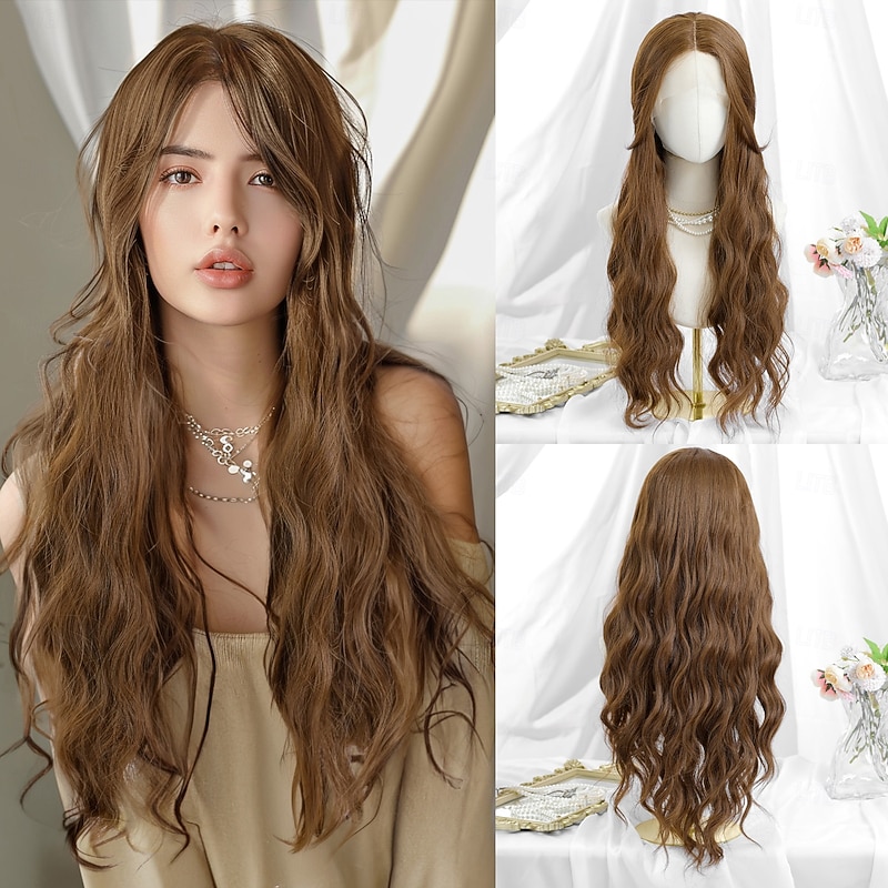 Synthetic Lace Wig Body Wave Style 28 inch Dark Brown Gold Blonde Ombre Middle Part T Part Wig Women's Wig Light Blonde
