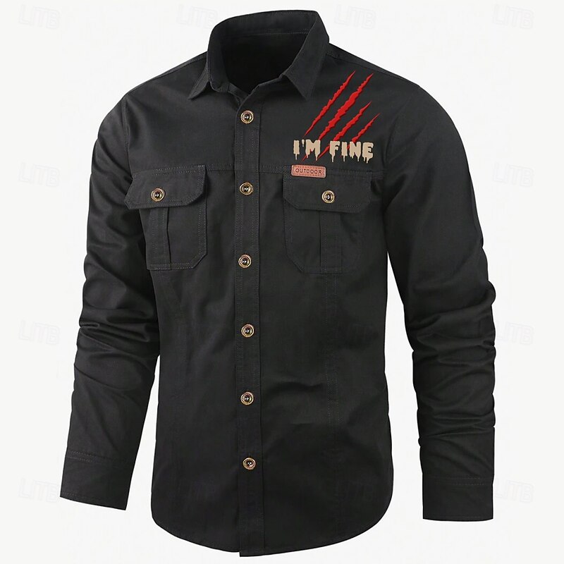 Men's Letter Printed Work Shirt Western Shirt Cargo Shirt Long Sleeve Casual Tactical Sports & Outdoor Going out Winter Spring &  Fall Turndown Print Black Army Green Khaki Beige3