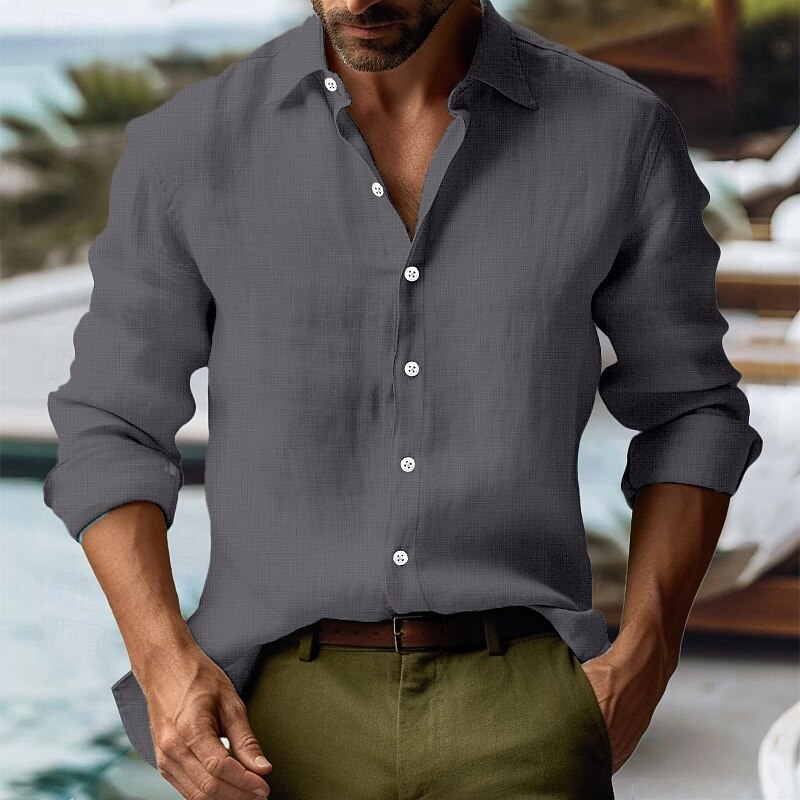 Men's Shirt Linen Shirt Summer Shirt Beach Shirt Button Up Shirt Plain Vacation Curise Black Pink Green Gray Long Sleeve Collar Spring & Summer Clothing Apparel
