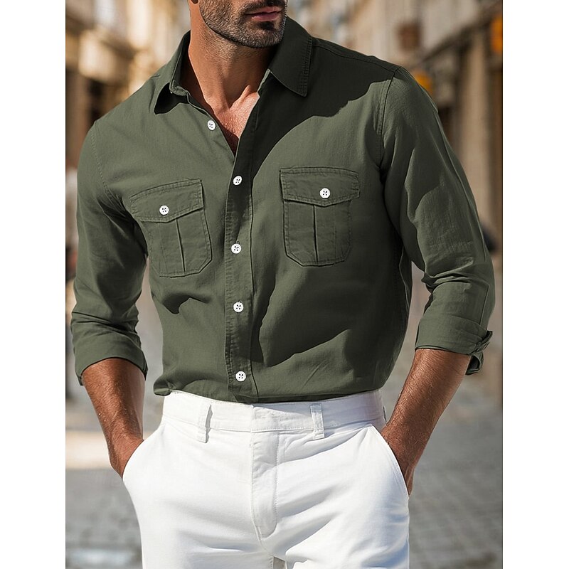 Men's Shirt Casual Shirt Button Up Shirt Black White Light Green khaki Army Green Long Sleeve Plain Collar Vacation Daily Clothing Apparel Fashion Casual4