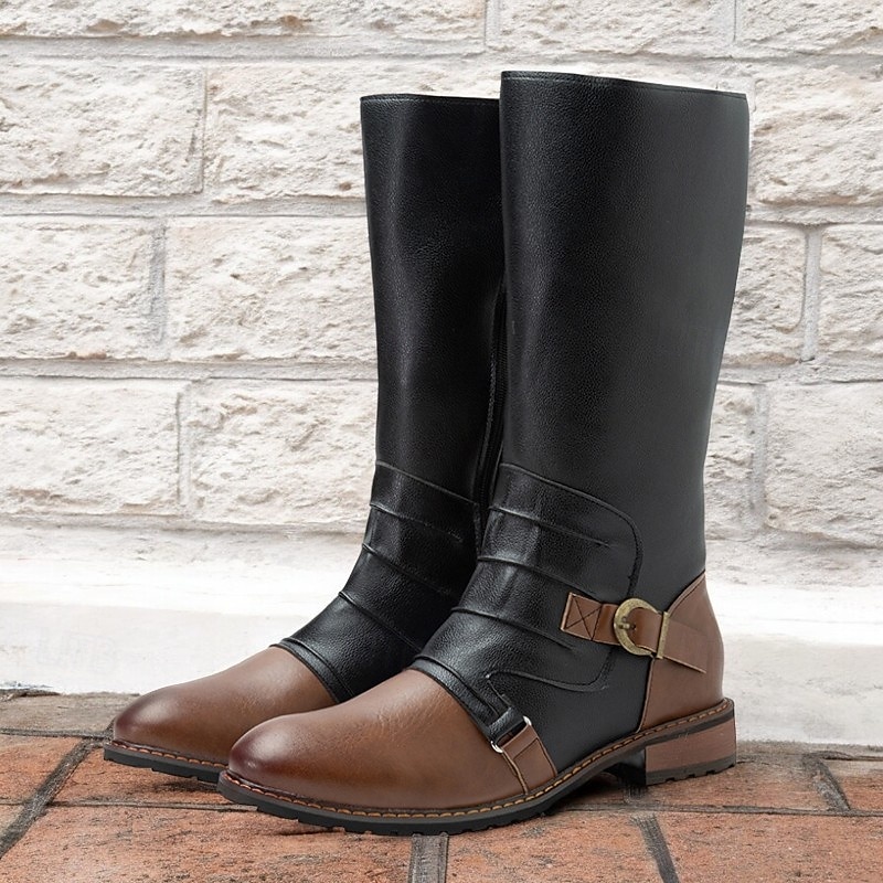 Men's Vintage Black and Brown Leather Riding Boots - Retro Knee-High Boots with Buckle Detail for Casual and Outdoor Wear
