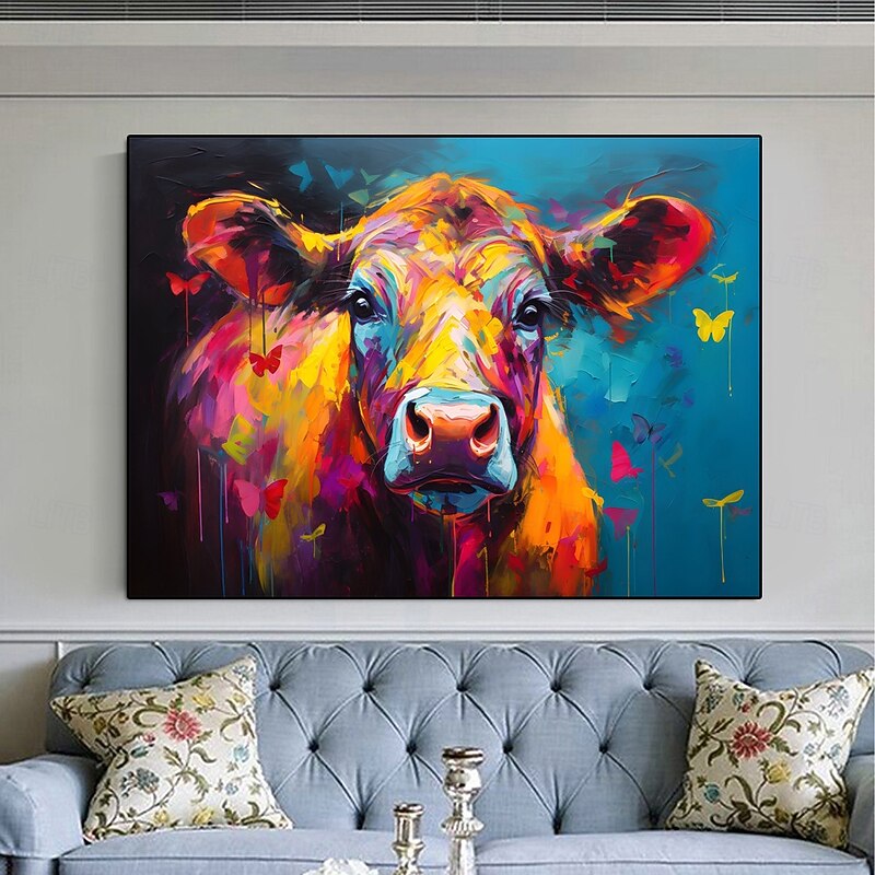 Handpainted Colorful Cow Oil Painting handmade animal oil painting on Canvas handpainted  Wall Art Home Decor Farm Animals painting handmade Highland Cow  artwork for Dining Room living room decor