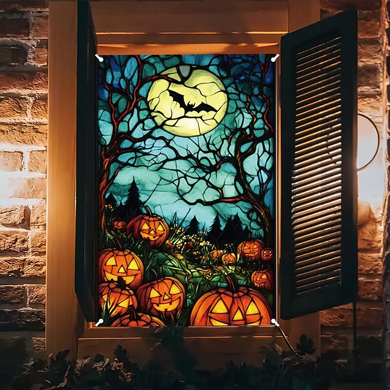 Halloween Window Cover Decorations, Fabric Stained Glass Pumpkin Halloween Curtain Poster Window Door Covering Decor for Haunted House, Scary Halloween Window Clings Decals Indoor Outdoor2