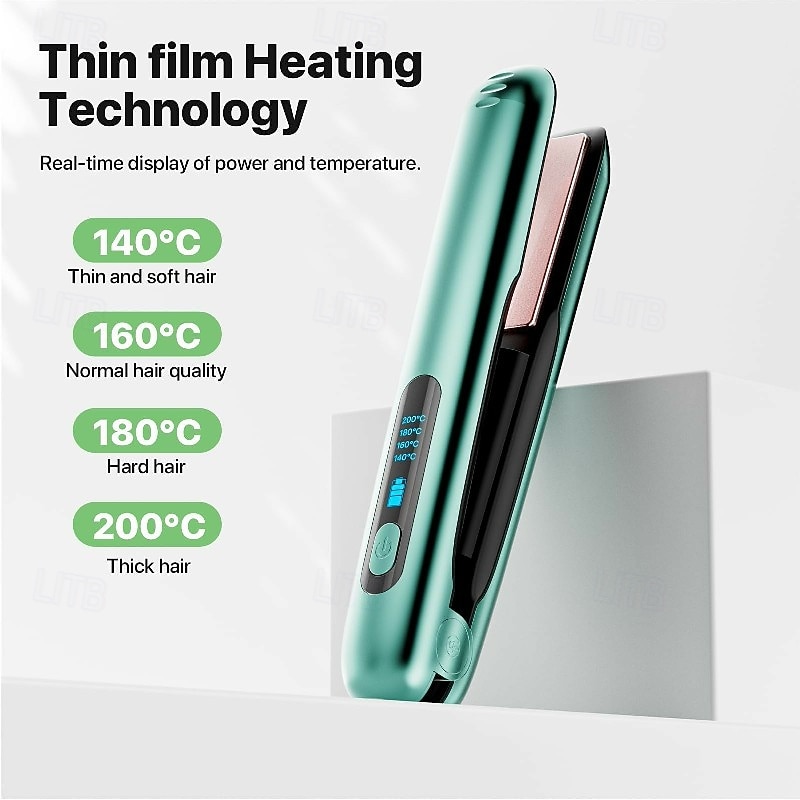 Hair Iron USB Rechargeable Cordless 2-Way Straight & Curl Mini Hair Iron 4 Temperature Adjustment LED Temperature Display Rapid Heating2