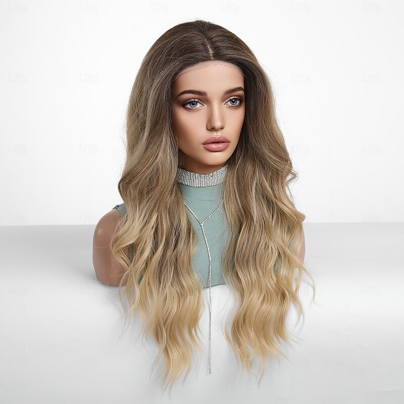 Synthetic Lace Wig Body Wave Style 26 inch Dark Brown Gold Blonde Ombre Middle Part U Part Wig Women's Wig Golden Brown With Blonde4