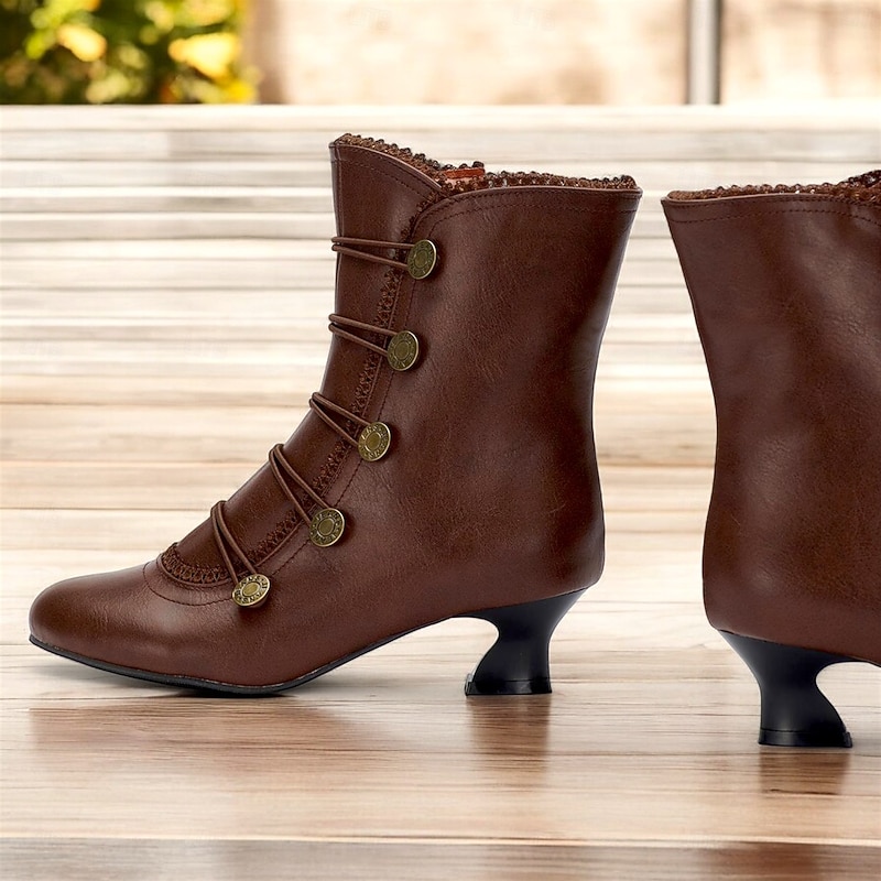 Women's Brown Vintage Victorian Lace-Up Ankle Boots with Button Details and Mid Heel for Cosplay, Historical Reenactments, and Everyday Wear2