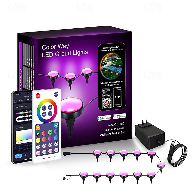 RGBIC Permanent Outdoor Ground Floor String Lights, Outdoor Waterproof Lights Garden Decorative, Magic Wifi Intelligent Tuya Bluetooth Remote Control Ground Plug Lamp 10M 15 Leds IP672