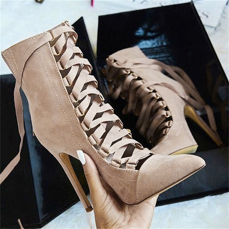 Women's Grey Suede Lace-Up Stiletto Ankle Boots – Elegant Pointed Toe High Heels for Parties and Formal Events3