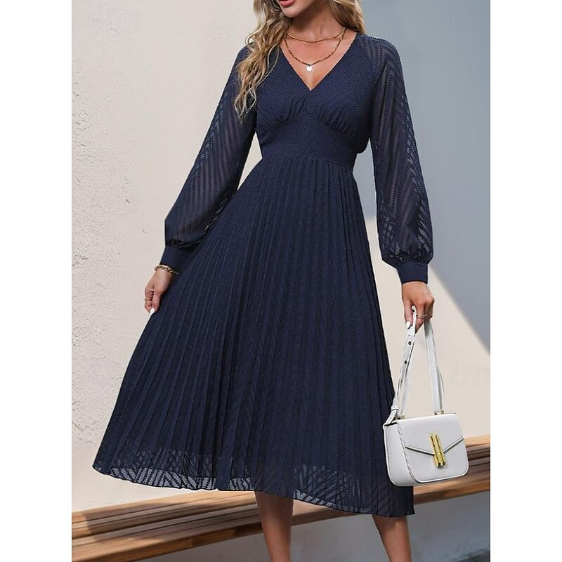 Women's Plain Dress Midi Dress Mesh Patchwork Elegant Vintage V Neck Long Sleeve Black Blue Color