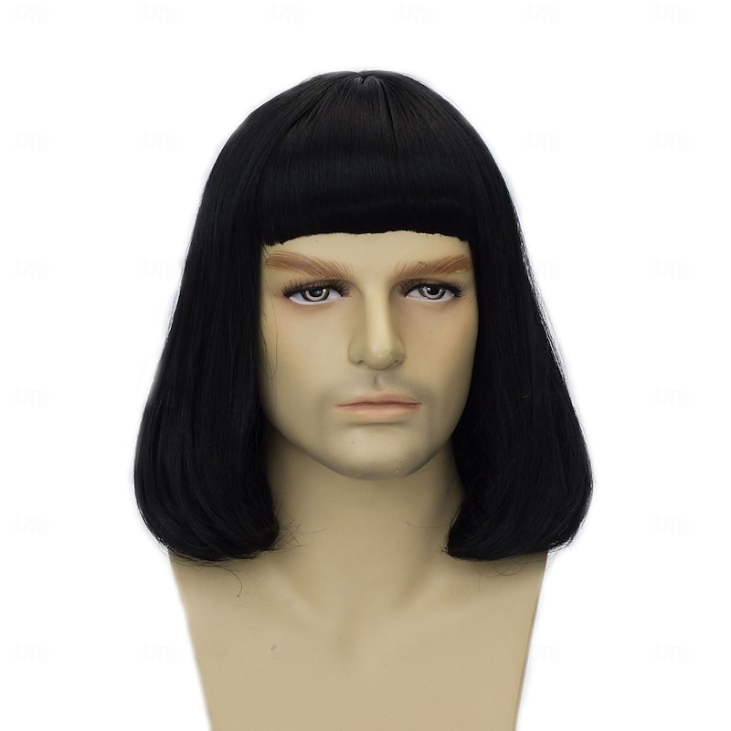 Unisex Natural Black Straight Flip Short Full Explosion Realistic Carnival Costume Cosplay Synthetic Bob Wig Halloween Wigs3
