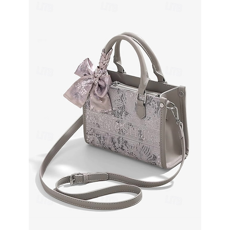 Women's Elegant Silver Floral Embossed Handbag with Oversized Bow | Versatile Crossbody Bag for Evening Events and Daily Use3