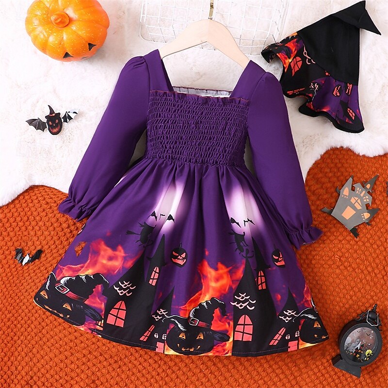 Halloween Girls' 3D Bat Castle Dress Long Sleeve Spring Fall Daily Holiday Vacation Casual Halloween Custome Little Kids(4-7ys) 4-7 Years Casual Dress A Line Dress Knee-length Polyester Regular Fit2
