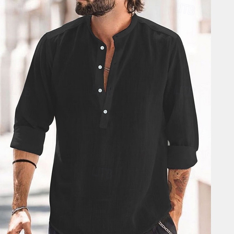 Men's Shirt Popover Shirt Summer Shirt Casual Shirt Beach Shirt Black White Light Green Light Blue Long Sleeve Plain Band Collar Vacation Hawaiian Button-Down Clothing Apparel Cotton Cotton Blend3