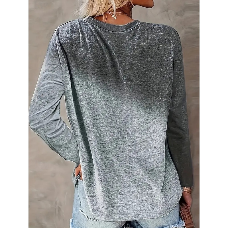 Women's T shirt Long Sleeve Crew Neck Long Sleeve Tunic Casual Print Regular Tops Daily Weekend Gray Spring & Fall Prefall2