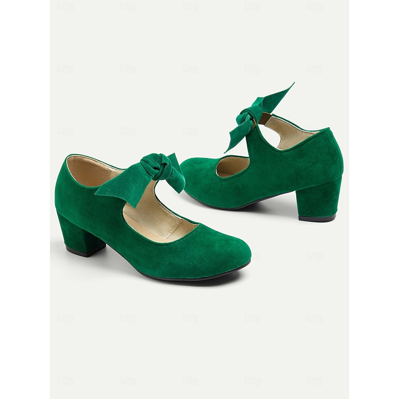 Women's Green Suede Mary Jane Shoes with Bow Detail - Perfect for Office, Daily Wear, and Special Occasions2