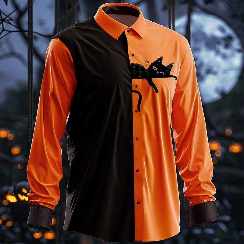 Halloween Men's Cat Halloween Costumes Button Up Shirt Long Sleeve Dark Party Evening Wear Daily Fall Winter Spring & Summer Shirt Collar 3D Print Orange