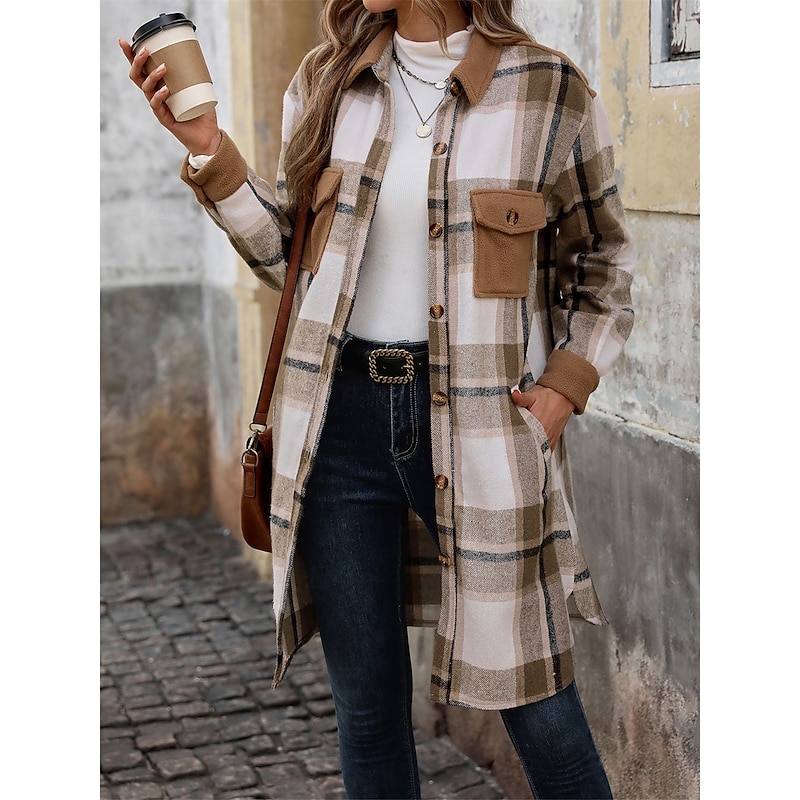 Women's Coat Outdoor Street Daily Wear Fall Winter Regular Coat Regular Fit Thermal Warm Breathable Stylish Casual Jacket Long Sleeve Stripes and Plaid with Pockets Coffee4