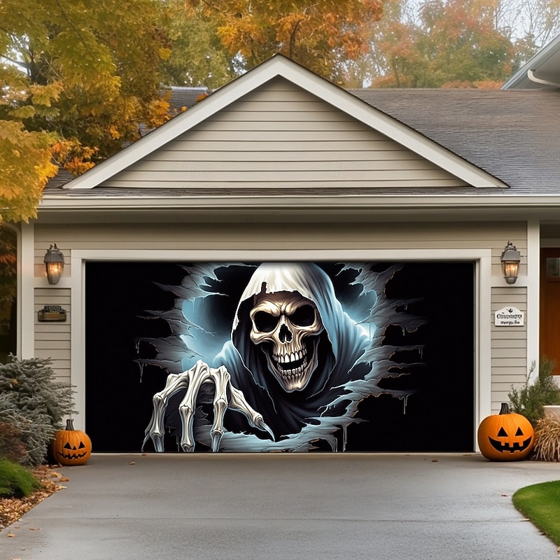 Halloween Door Decorations Outdoor Halloween Garage Door Cover Skeletons Banner Large Tapestry Backdrop Decoration for Holiday Outdoor Garage Door Home Wall Decorations
