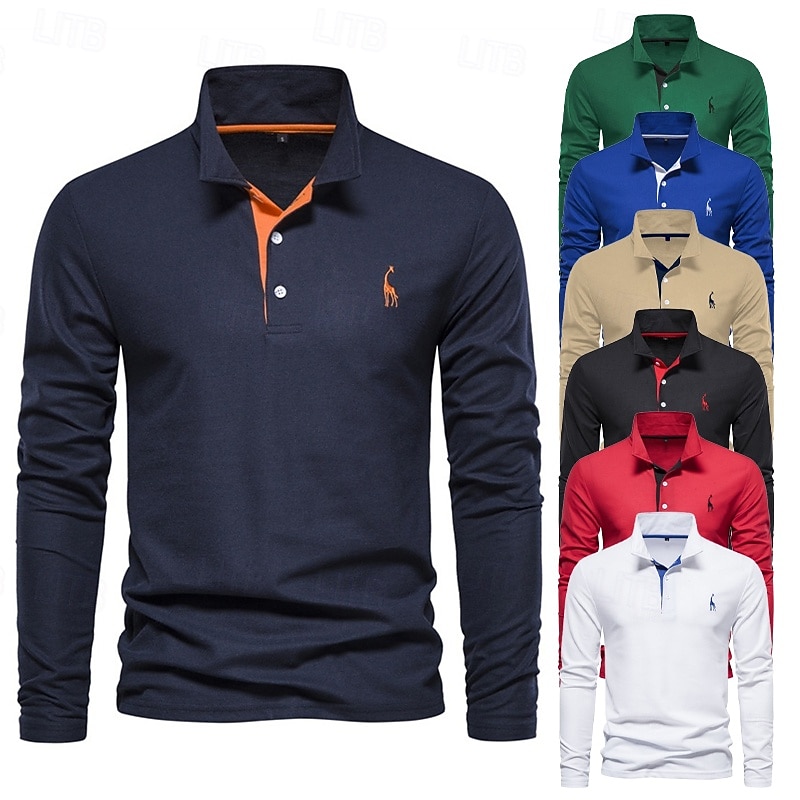 Men's Golf Shirt Golf Polo Work Casual Lapel Long Sleeve Basic Modern Color Block Embroidery Patchwork Embroidered Spring &  Fall Regular Fit Depression Green Black White Red Navy Blue Royal Blue
