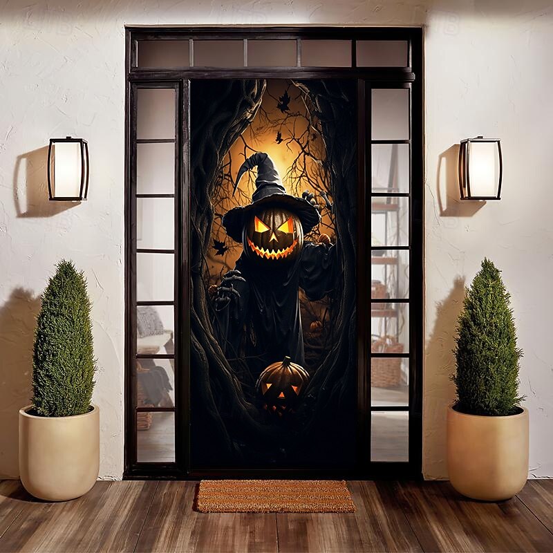 Halloween Door Decorations Halloween Door Covers Door Tapestry Pumpkins Forest Door Curtain Decoration Backdrop Door Banner for Front Door Farmhouse Holiday Party Decor Supplies 13