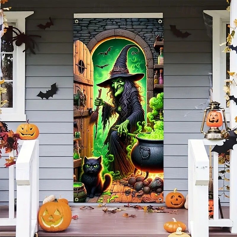 Halloween Door Decorations Halloween Door Covers Skeletons Pumpkin Door Tapestry Door Curtain Decoration Backdrop Door Banner for Front Door Farmhouse Holiday Party Decor Supplies4
