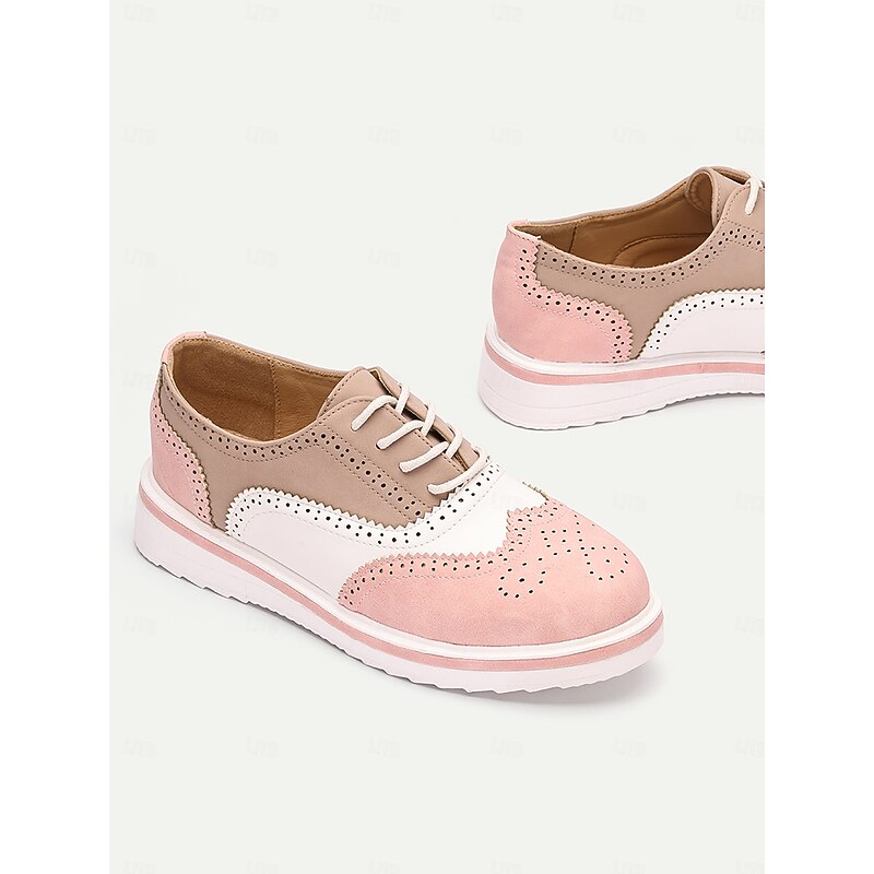 Women's Pink and Beige Brogue Oxford Sneakers, Lace-Up Casual Shoes with Wingtip Detailing for Everyday Wear4