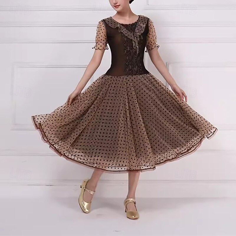Ballroom Dance Dress Ruffles Splicing Women's Performance Party Short Sleeve Mesh Lace