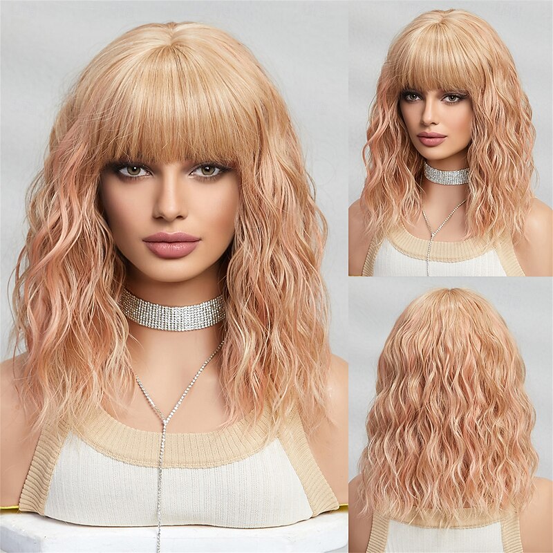 Cosplay Costume Wig Curly Bouncy Curl Bob Neat Bang With Bangs Wig 14 inch Gold Pink Synthetic Hair Women's Elastic Adorable Comfortable Pink