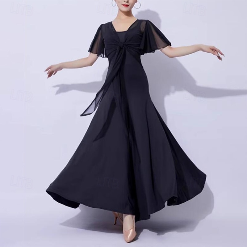 Ballroom Dance Dress Pure Color Splicing Women's Performance Party Short Sleeve Mesh Milk Fiber