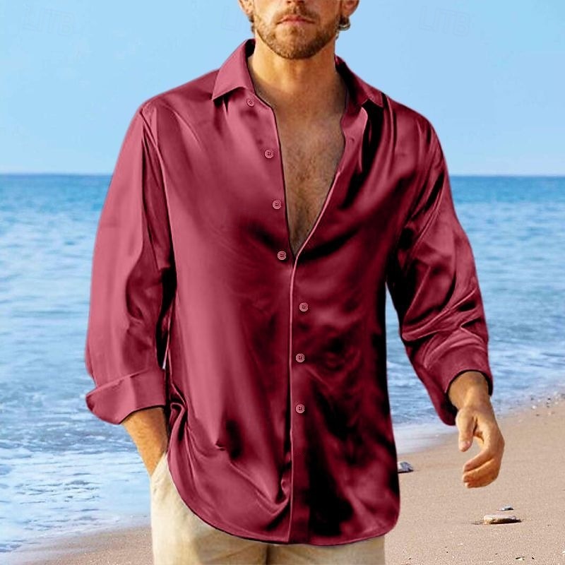 Men's Shirt Satin Shirt Casual Shirt Button Up Shirt Untucked Shirts Black White Blue Red Green Long Sleeve Plain Lapel Vacation Daily Clothing Apparel Cotton Cotton Blend Fashion Casual Comfortable4