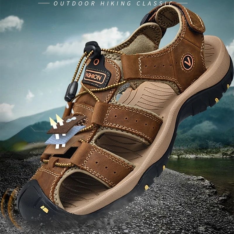 Men's Outdoor Beach Sandals, Genuine Leather with Velcro Closure, Breathable and Comfortable2