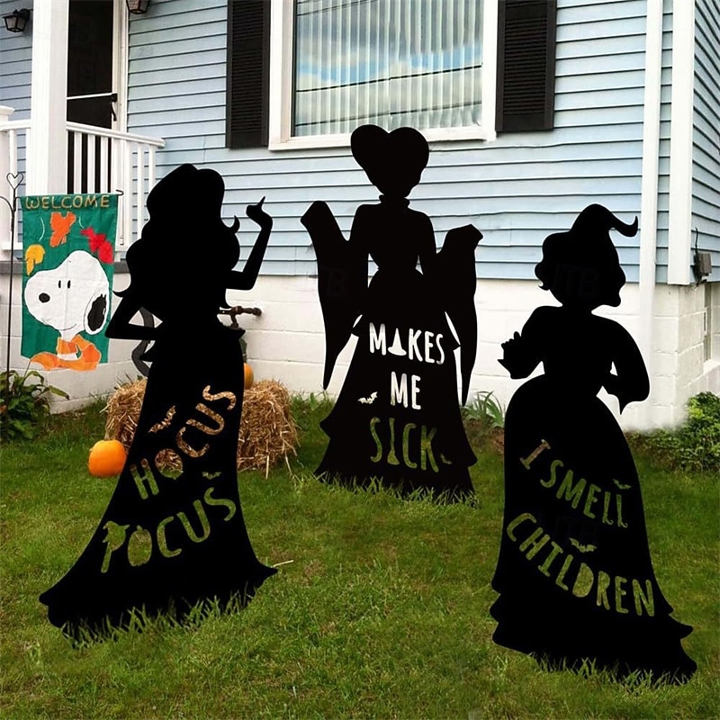 Hocus Pocus Halloween Decorations Outdoor 3 Metal Black Hocus Pocus Witches Halloween Silhouette Yard Signs Outside Yard Lawn Decor for Kids Home Party2