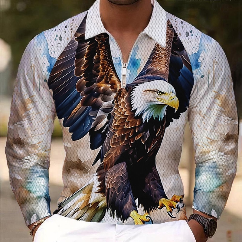 Men's Eagle Patriotic Polo Shirts Golf Polos Shirts Long Sleeve Polo Shirts Collar Vacation Party Evening Wear Dailywear Zipper 3D Print Spring Fall & Winter White