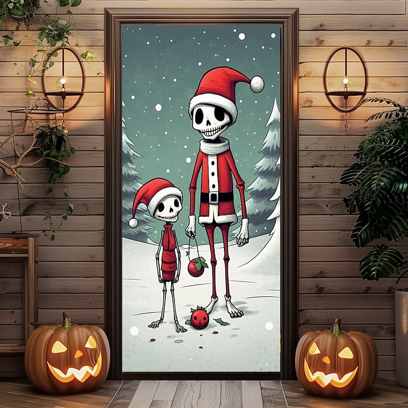 Halloween Christmas Door Decorations Halloween Door Covers Skeleton Door Tapestry Tree Door Curtain Decoration Backdrop Door Banner for Front Door Farmhouse Holiday Party Decor Supplies 7
