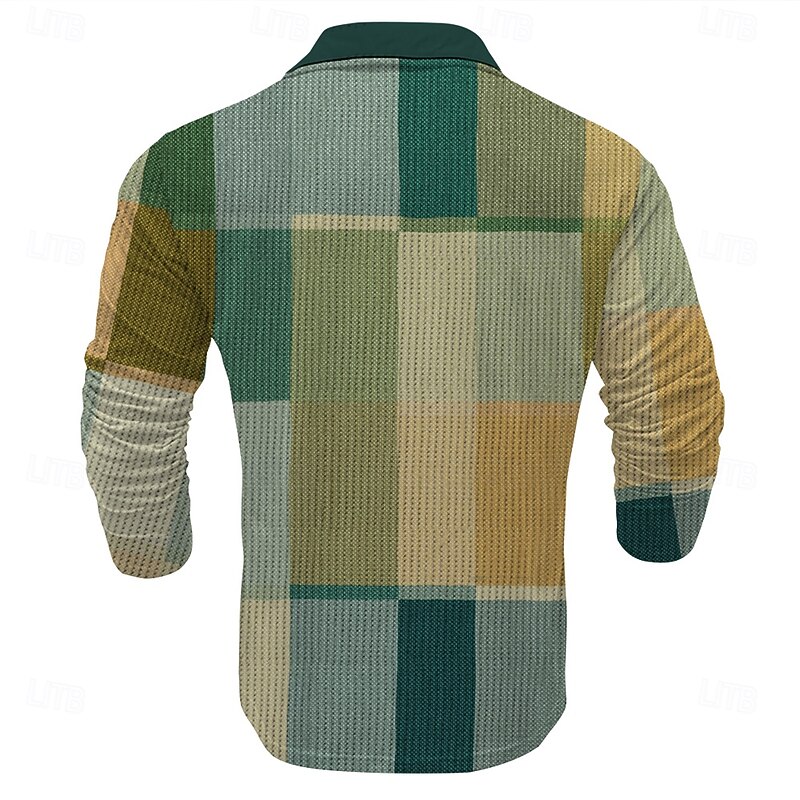 Men's Plaid Golf Shirt Long Sleeve Polo Shirts Collared Shirts Vintage Casual Vacation Wear Formal Wear Festival Wear Buttons 3D Print Spring Fall Winter Blue Orange Green4