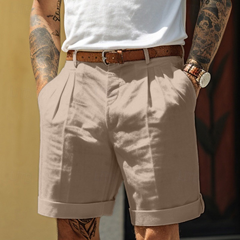 Men's Shorts Linen Shorts Dress Shorts Summer Shorts Pleated Shorts Pocket Pleats Straight Leg Plain Comfort Breathable Short Casual Daily Holiday Fashion Designer Black White3